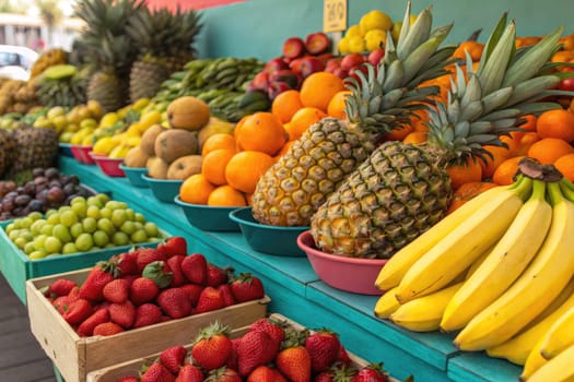A colorful arrangement of tropical fruits showcases pineapples, bananas, oranges, and strawberries at a lively market. The vibrant setting is filled with fresh produce and cheerful colors.