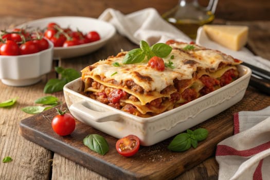 A hearty dish featuring layers of pasta filled with rich meat sauce and topped with melted cheese. Served in a rustic dish, it is accompanied by fresh cherry tomatoes and basil, enhancing its appeal.
