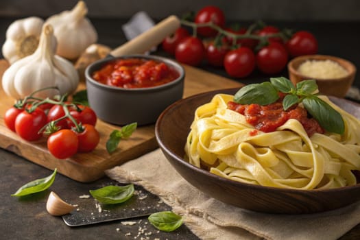 Freshly made fettuccine is elegantly presented in a bowl, topped with vibrant tomato sauce and fresh basil. Surrounding are ripe tomatoes, garlic, and a serving of sauce, creating a delightful setup.