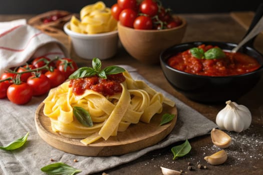 Freshly crafted fettuccine is elegantly served on a wooden plate, topped with a rich tomato sauce and fresh basil, beside ripe cherry tomatoes and garlic cloves, creating an inviting Italian meal.