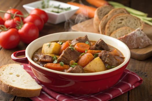 A hearty beef stew filled with tender beef chunks, carrots, potatoes, and herbs is served in a red and white bowl. Fresh bread slices and tomatoes accompany the meal on a rustic wooden table.