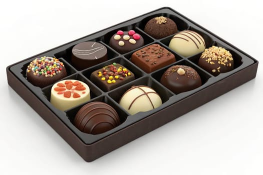 A beautifully arranged box filled with assorted handmade chocolates of various flavors and decorations. Each piece features unique toppings and designs, showcasing artistry and craftsmanship.