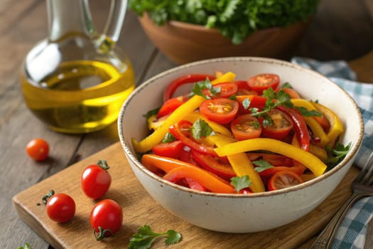 Vibrant strips of red and yellow bell peppers are arranged with sliced cherry tomatoes in a rustic bowl. Fresh cilantro garnishes the salad, adding color and flavor to the composition.