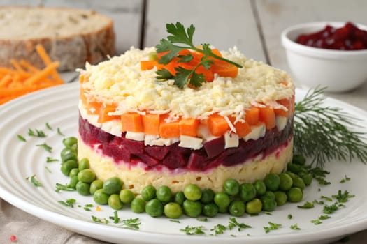 A beautifully arranged layered salad features distinct layers of colorful vegetables, topped with fresh herbs. This dish brings a burst of color and flavor, perfect for any gathering.