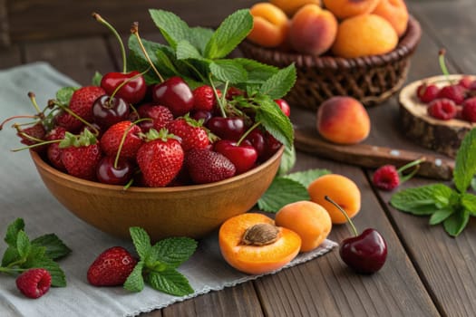 Colorful assortment of fresh cherries, strawberries, and apricots arranged in a wooden bowl.
