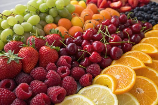 A vibrant collection of fresh fruits features strawberries, cherries, grapes, oranges, and blueberries on a display. Perfect for a summer gathering or a health focused event.