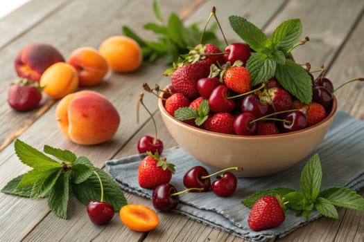 A vibrant bowl brimming with fresh cherries and strawberries sits on a wooden table. Nearby, ripe peaches and apricots accentuate the colorful display, creating a cheerful, summery atmosphere.
