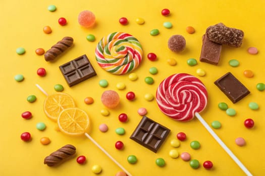 A vibrant collection of candies is spread across a cheerful yellow background, showcasing lollipops, chocolates, gummies, and fruity sweets, creating a tempting treat display that sparks joy.
