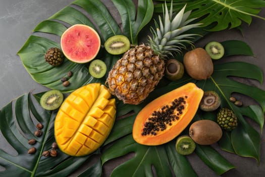 A colorful display features a variety of tropical fruits including mango, pineapple, watermelon, and papaya, surrounded by lush green leaves, showcasing natures bounty in a tropical setting.
