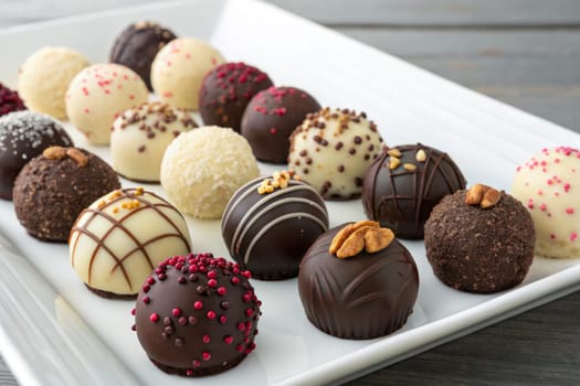 A colorful assortment of handmade truffles displayed on a sleek plate. Various chocolate types and toppings create a tempting arrangement for dessert lovers to enjoy.