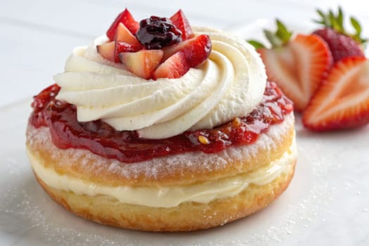 The delicious donut showcases a fluffy texture, generously layered with whipped cream, strawberry jam, and fresh fruit pieces. Perfectly crafted for a delightful treat anytime.