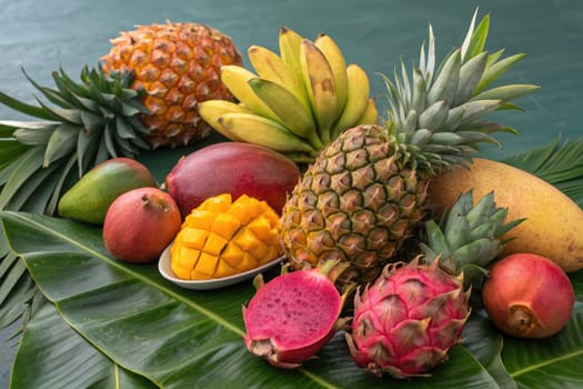 A colorful collection of tropical fruits is displayed, featuring pineapple, mango, banana, and dragon fruit among lush green leaves. This assortment captures the essence of a tropical paradise.