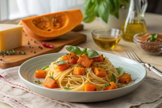 A plate of spaghetti is topped with vibrant pumpkin cubes and fresh herbs, set in a warm kitchen. Olive oil, cheese, and spices are prepared nearby, enhancing the inviting atmosphere.