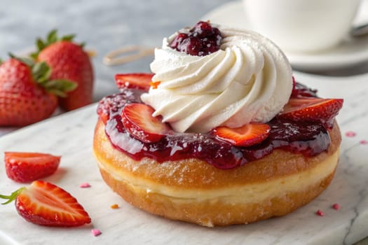 This freshly baked donut features a luscious swirl of whipped cream and a vibrant strawberry glaze, making it a delightful treat enjoyed in a charming bakery setting.