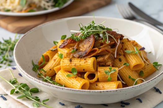 A delicious bowl of creamy pumpkin rigatoni rests on a table, adorned with fresh herbs. This comforting dish invites diners to enjoy its rich flavors and warm ambiance, perfect for any season.
