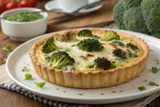 Richly filled savory tart showcases fresh broccoli on a wooden table. Surrounding ingredients include tomatoes and a green sauce. Perfect for a light lunch or dinner.