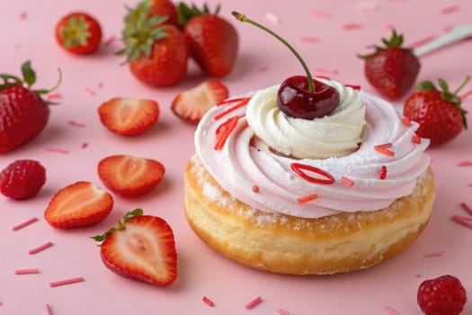 This delightful donut features a soft base adorned with a swirl of whipped cream and a cherry on top. Fresh strawberries and sprinkles are scattered around for a charming presentation.