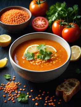 A bowl of vibrant lentil soup sits on a dark wooden table, garnished with lemon slices and fresh cilantro. Surrounding it are tomatoes, lemon halves, and lentils, adding color and freshness.