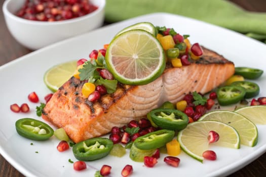 A beautifully presented grilled salmon fillet is topped with vibrant tropical salsa made of pomegranate seeds and cilantro. The dish is garnished with lime wedges and served on a white plate.