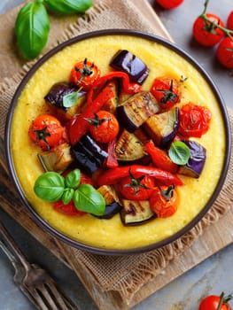 A bowl filled with creamy polenta topped with colorful roasted vegetables such as eggplant, red peppers, and cherry tomatoes. Fresh basil adds a touch of green.