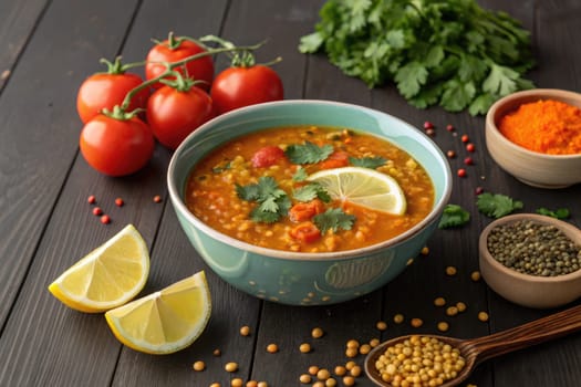 A vibrant bowl of lentil soup is topped with fresh herbs and lemon slices, surrounded by ripe tomatoes and spices. The rich colors and textures create an inviting and hearty meal setting.