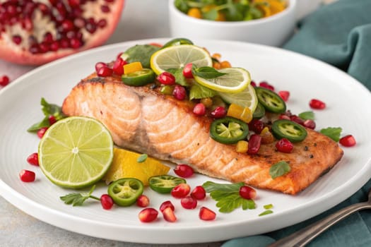 A beautifully presented grilled salmon fillet topped with fresh herbs, lime slices, and colorful toppings. The dish showcases vibrant flavors and textures perfect for a delightful meal.