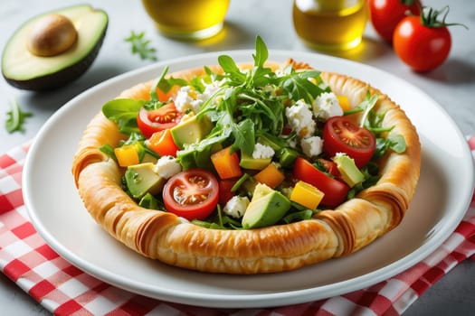 A colorful salad featuring cherry tomatoes, avocado, peppers, and arugula is served in a crispy pastry bowl. Nearby are bottles of oil and fresh tomatoes on a checkered cloth.