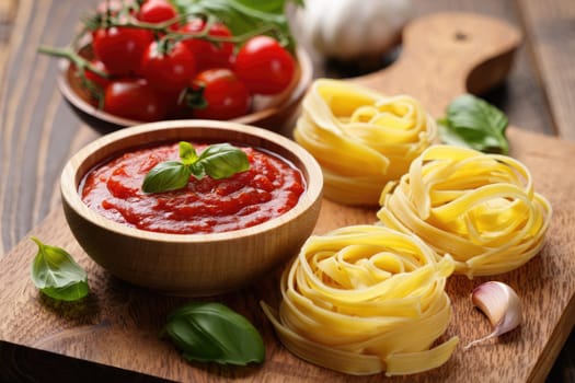 A wooden board displays fresh tomatoes and fettuccine nests next to a bowl of rich tomato sauce garnished with basil, showcasing the preparation of an Italian meal.