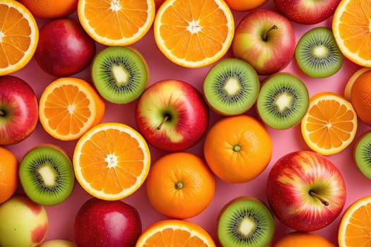 A vibrant collection of fruits including oranges, apples, and kiwis displayed on a pink surface. The bright colors highlight the freshness of the fruits, creating an appealing visual feast.