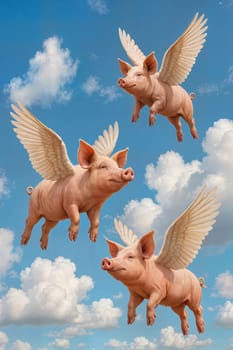 Fantasy pigs with wings flying in blue sky. Related idiom: 'pigs might fly'. AI generation.
