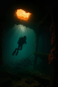 Scuba diver silhouette swimming through glowing underwater scene. AI generation.