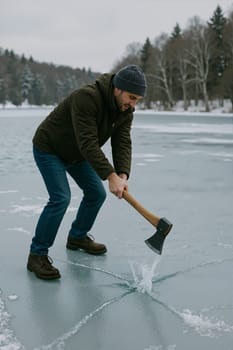 Woman scraping frozen surface with snow shovel. AI generation.