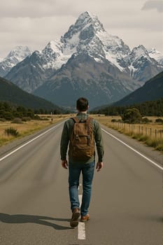 Man with backpack walking snowy mountain road. AI generation.
