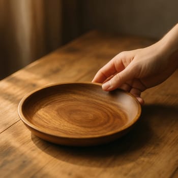 A hand reaching for a minimalist wooden plate on a rustic table, bathed in natural warm light. Ideal for kitchenware branding, cooking visuals, and cozy lifestyle concepts