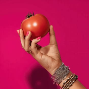 A hand with bracelets and pink manicure holding a ripe tomato against a vivid pink background. Ideal for food styling, pop-art compositions, beauty branding, and bold lifestyle campaigns