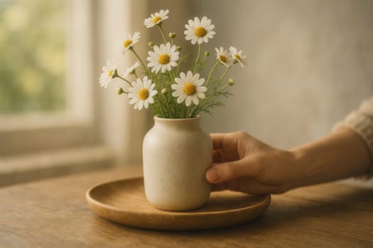A hand gently placing a ceramic vase with chamomile flowers on a wooden plate in soft daylight. Perfect for home decor, floral compositions, and natural minimalist lifestyle themes