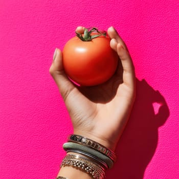A hand adorned with metallic bracelets holds a ripe tomato against a vivid textured pink background. Perfect for pop-art style food visuals, editorial compositions, and bold creative campaigns