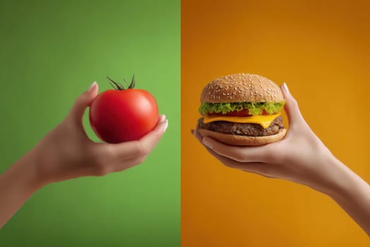 Split-screen visual of a fresh tomato in one hand and a cheeseburger in the other, against vibrant green and orange backgrounds. Perfect for concepts of healthy vs indulgent food choices and lifestyle contrasts