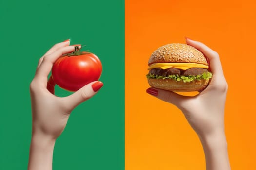 Bold composition of two hands holding a tomato and a cheeseburger against green and orange backgrounds. Great for visual storytelling on food choices, nutrition balance, and lifestyle contrast