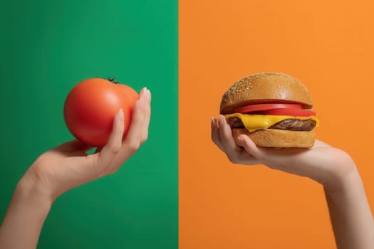 Two hands holding a fresh tomato and a cheeseburger side by side against green and orange backgrounds. Great for visuals on food choice, healthy vs indulgent eating, and balanced lifestyle messages