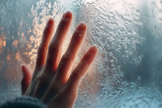 Close-up of a hand touching a frosted glass surface with warm sunset light in the background. Great for visuals on winter mood, emotions, solitude, and comforting seasonal themes