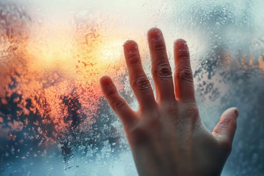A hand touches a frosted window as a vivid winter sunset glows behind the glass. Ideal for themes of emotion, solitude, warmth in cold, and wintertime storytelling