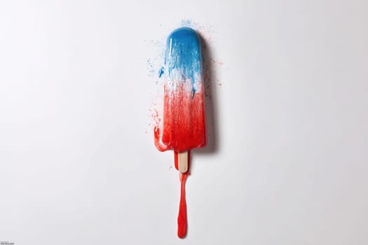 A red white and blue popsicle melting and dripping on a clean white background. Perfect for summer visuals, creative food styling, minimalist compositions, and colorful product presentations