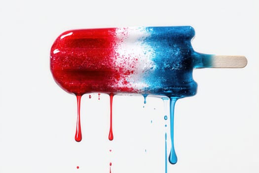 A dripping red white and blue popsicle melting horizontally on a clean white background. Ideal for creative food photography, summer ads, and colorful minimalist visuals