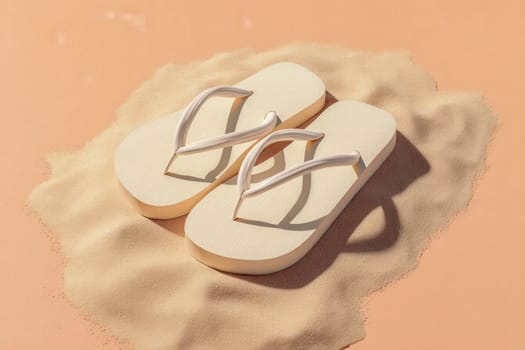 Aesthetic image of cream-colored flip flops resting on soft sand with a pastel peach background. Ideal for beachwear promotions, summer travel themes, fashion ads, and minimalist designs
