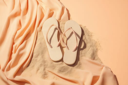 A pair of beige flip flops resting on golden sand alongside flowing peach fabric in soft sunlight. Ideal for fashion campaigns, summer promotions, and vacation-themed visuals