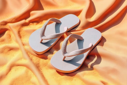 Flip flops with textured straps resting on bright orange fabric under intense summer light. A vibrant scene perfect for beach fashion campaigns, travel content, or summer product ads