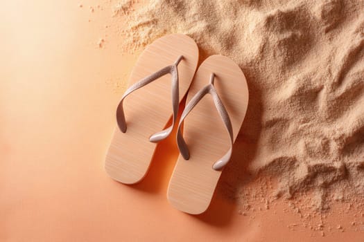 Minimalist flat lay of neutral flip flops on soft sand and peach background. Perfect for tropical summer campaigns, travel promos, footwear branding, or stylish editorial designs