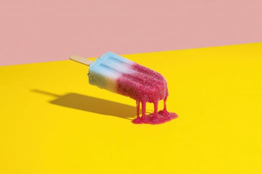 Red, white, and blue popsicle melting dramatically against a bold yellow and pink background. Ideal for summer-themed visuals, fun food campaigns, and eye-catching promotional graphics