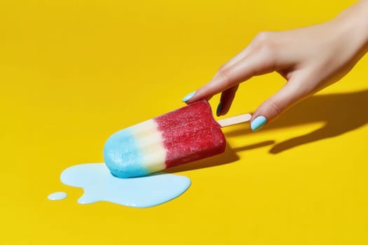 A colorful red, white, and blue popsicle melting on a bright yellow surface, held by a woman with blue-painted nails. Ideal for summer ads, creative food concepts, and vibrant campaigns